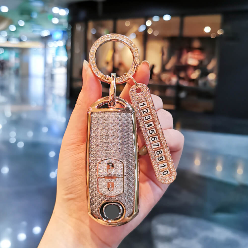 【マツダ】スワロフスキー風ビジューキーリング＆ナンバープレート付 スマートキーケース〔Aタイプ〕