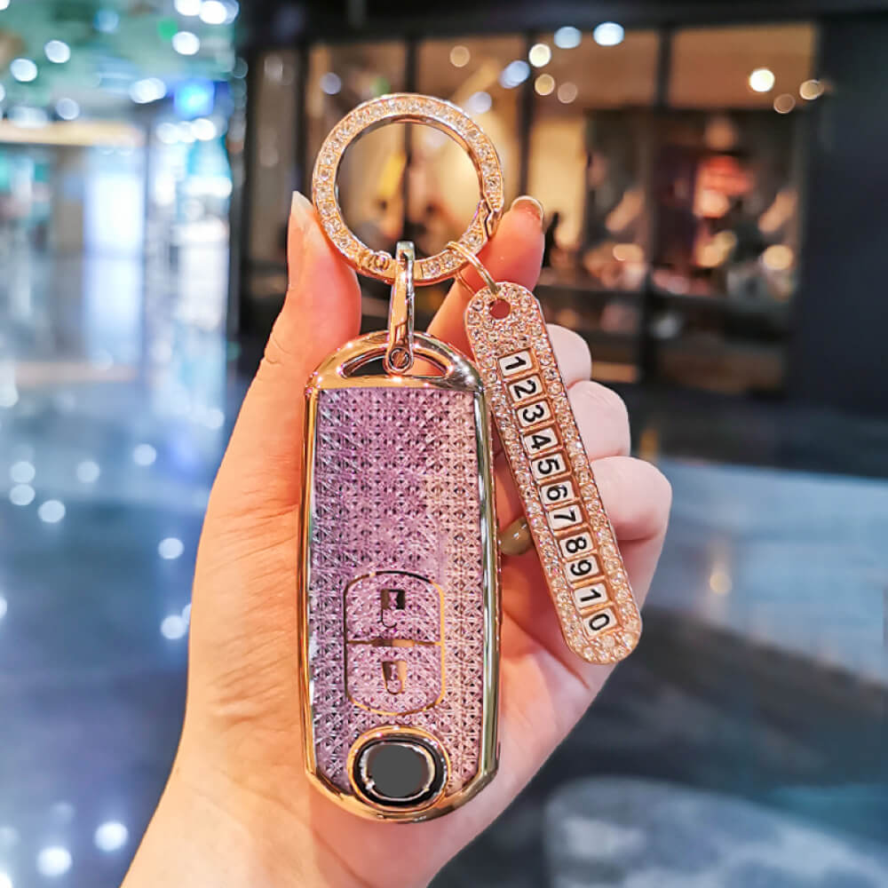 【マツダ】スワロフスキー風ビジューキーリング＆ナンバープレート付 スマートキーケース〔Aタイプ〕