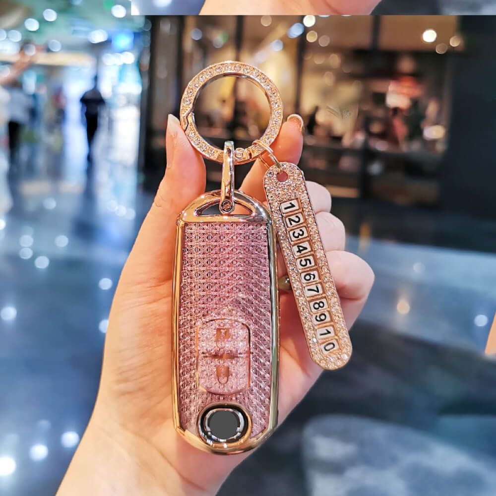 【マツダ】スワロフスキー風ビジューキーリング＆ナンバープレート付 スマートキーケース〔Aタイプ〕