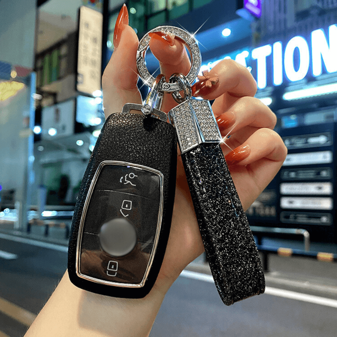 【ベンツ】3ボタンレザースマートキーケースビジューリング ストラップ付き〔Bタイプ〕