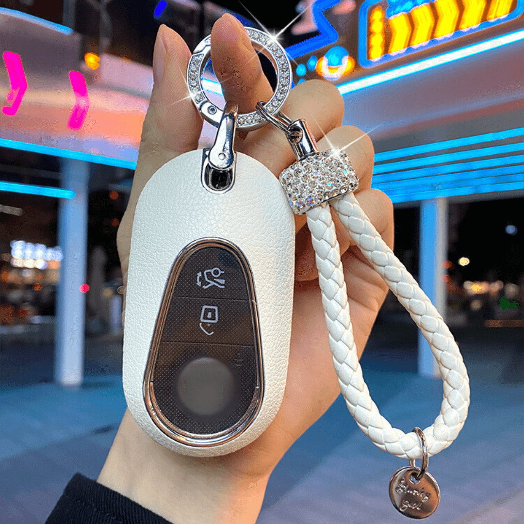 【ベンツ】3ボタンレザースマートキーケースビジューリング 網ストラップ付き〔Aタイプ〕