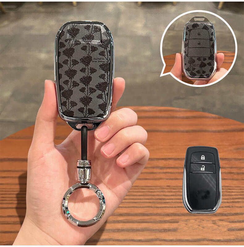 【トヨタ】キーリング付きブラックフラワーキーケース〔Eタイプ〕