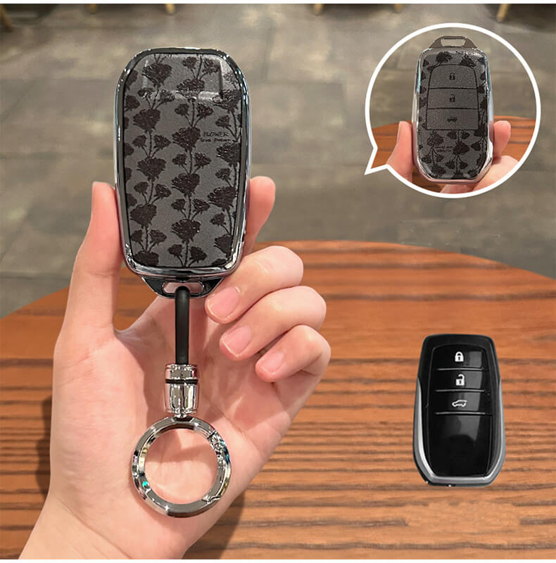 【トヨタ】キーリング付きブラックフラワーキーケース〔Eタイプ〕