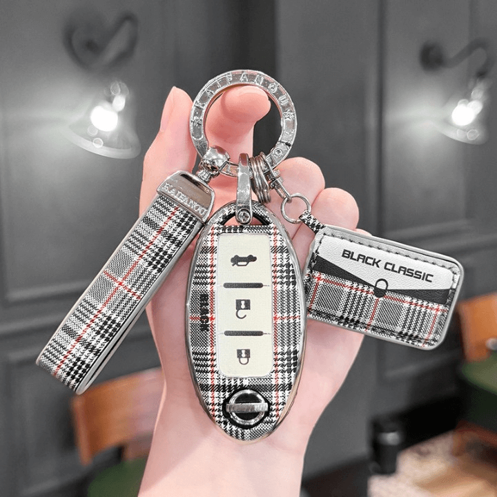 【日産】キーリング付きホワイトチェックキーケース〔Aタイプ〕