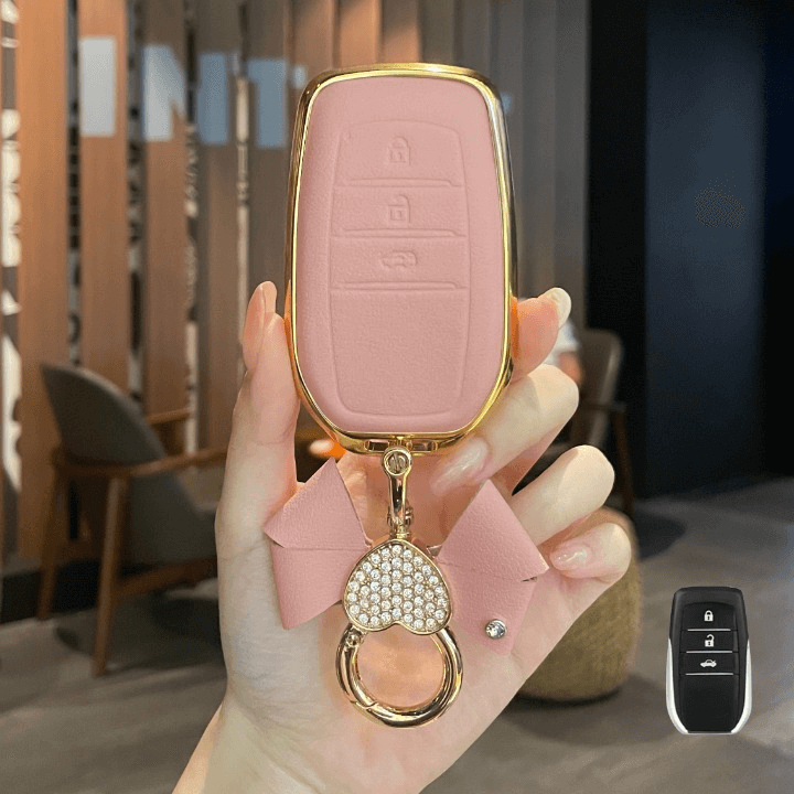 【トヨタ】リボン&ハートチャームゴールドフレームレザーキーケース〔Eタイプ〕