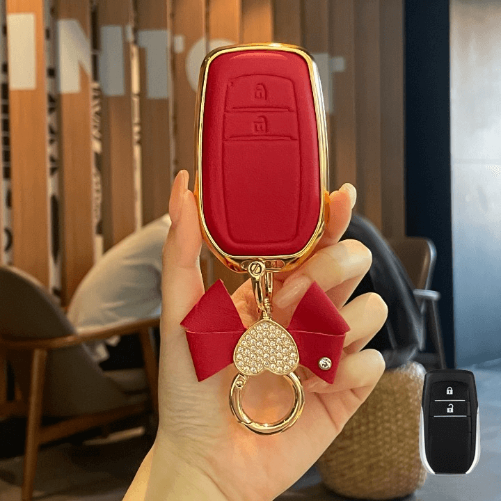 【トヨタ】リボン&ハートチャームゴールドフレームレザーキーケース〔Eタイプ〕