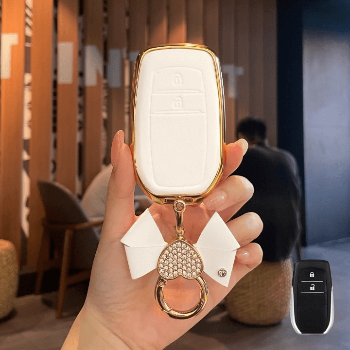 【トヨタ】リボン&ハートチャームゴールドフレームレザーキーケース〔Eタイプ〕