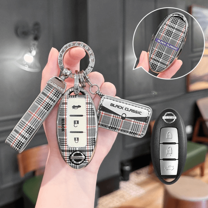 【日産】キーリング付きホワイトチェックキーケース〔Aタイプ〕