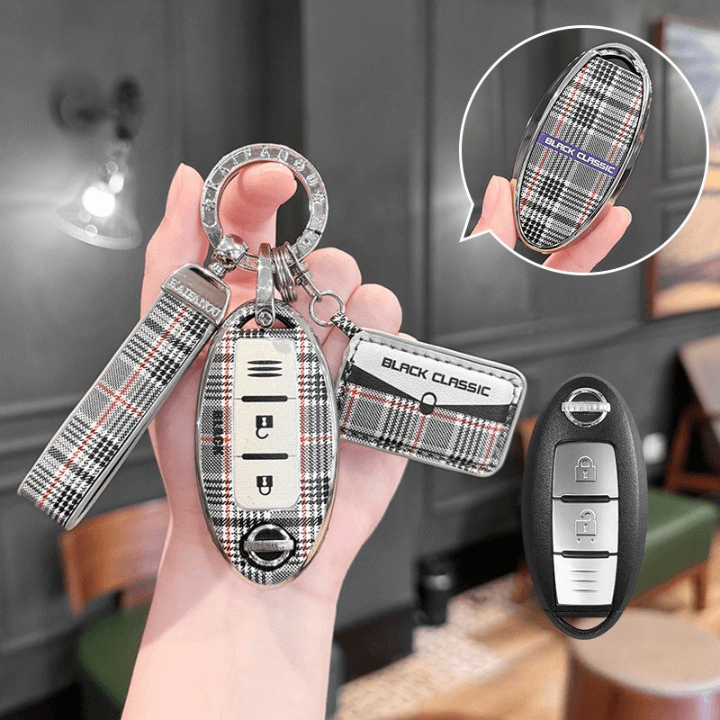 【日産】キーリング付きホワイトチェックキーケース〔Aタイプ〕